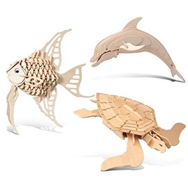 Puzzled Bundle of Angel Fish, Dolphin & Green Turtle Wooden 3D Puzzles Construction Kits, Ocean Life Educational DIY Toys Assemble Model Unfinished Wood Craft Hobby Puzzles to Build & Paint - 3 Pack