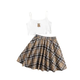 WDIRARA Girl's 2 Piece Cute Outfits Cartoon Print Cami Top and Plaid Skirt Set Multicolor Bear 10Y