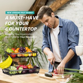 Foensc 2 Tier Fruit Basket with 4 Banana Hangers, Improved Fruit Bowl for Kitchen Counter, Detachable Large Capacity Countertop Organizer Fruit Holder Stand for Vegetable Bread Snack Produce Storage