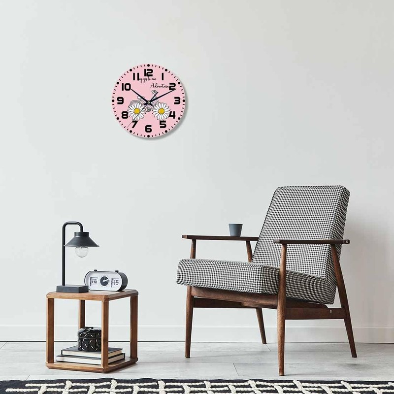 NOMEDOGYIM Bicycle Wall Clock Battery Operated Daisy Pink Background Wall