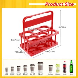 LEIFEOSH Reusable 6 Cup Drink Carrier with Handle and Insulated Bag for Hot and Cold Drink/Food, Foldable Plastic Cup Holder and Large Capacity Insulated Food Bag for Travel and Delivery, Red