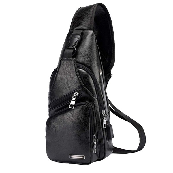 Leather Sling Bag with USB Charging Port Large Mens Crossbody Shoulder Bag Travel Sling Chest Bag