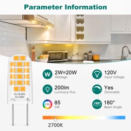 DiCUNO G8 LED Bulb Dimmable, Equivalent to G8 Halogen Bulb 20W, Warm White 2700K, 2W, 120V, T4 JCD Type Bi-Pin Base Light Replacements for Under Cabinet, Puck Light, 10-Pack
