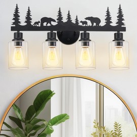 Monyohame Farmhouse Rustic Bear Bathroom Light Fixtures, 4-Light Black Vanity Lights with Clear Glass Shade, Wall Lamp for Bathroom, Living Room, Hallway, Kitchen, Cabinet, Porch