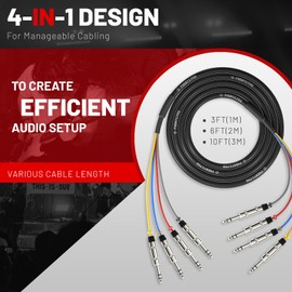 Phenyx Pro 4-Channel TRS Cable, 6 Ft Snake Cord, TRS Patch Wire, Balanced 1/4-Inch Cable, Color-Coded, 4-in-1 Design, 1/4" Audio Cord w/24 AWG OFC Copper (PCBL-QR4IN1-6)