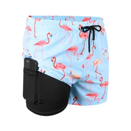 MADHERO Mens Swim Trunks with Compression Liner 2 in 1 Quick Dry Swimming Shorts Swimwear Light Blue Flamingo Size L