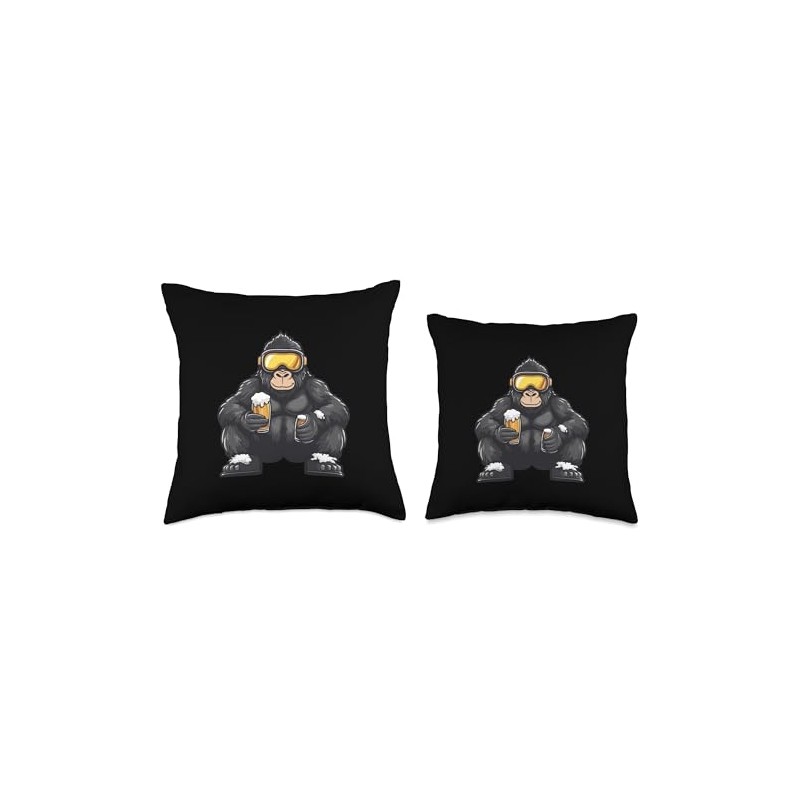 Ski Gorilla With Beer | Apres Ski Comic Throw Pillow