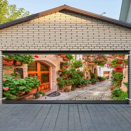 CSFOTO 6x13ft Italian Town Street Theme Garage Door Decoration Banner Tuscany Flowers Street Narrow Alley Outdoor Garage Decoration Mural Spring Holiday Travel Picture Shoot Wallpaper