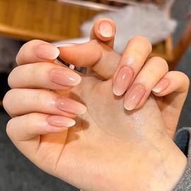 30 uñas postizas cortas ovaladas con degradado en degradado rosa nude, uñas acrílicas brillantes y naturales, uñas artificiales con pegamento para man