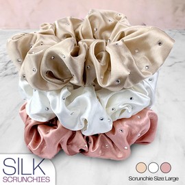 Celestial Silk Mulberry Silk Scrunchies for Hair (Rose Gold, Ivory, Taupe with Rhinestones)