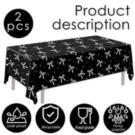 GREHUMOR 2pcs Black Bow Tablecloth Coquette Birthday Party Decorations Black and White Bow Waterproof Disposable Plastic Table Cover for Girl Women Baby Shower Bachelorette Birthday Table Decor