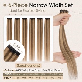 Elailite Single Clip In Hair Extensions Real Human Hair Remy Double Weft 6 Pcs Seamless Highlights Hairpieces Straight - #4/27 Medium Brown Mix Dark Blonde - 12 Inch 33g