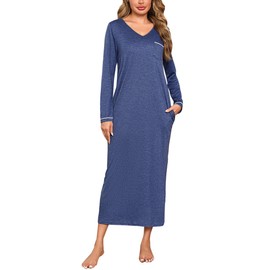 Leversic Women Long Sleeve Nighties Long Nightgown Front Chest Pocket V Neck Cotton Nightdress Home Nightwear for Lounge(Blue,L)