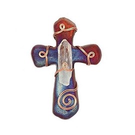 Jeremy Diller Raku - Small Crystal With Spirals Pottery Cross - Uses Hanger or Magnet To Display