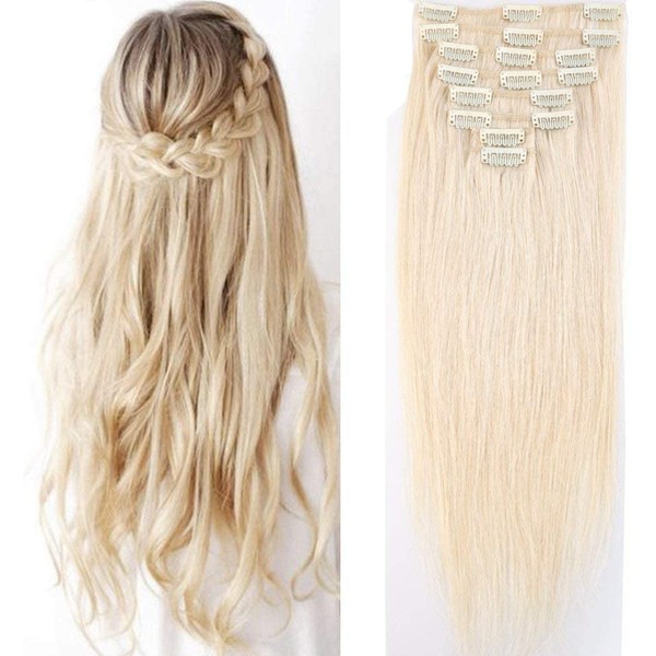 Clip-In Real Hair Extensions, 100% Remy Real Hair Extensions, 8 Wefts, 18 Clips, Standard Weft, Straight, 55 cm / 110 g (#60 Platinum Blonde)