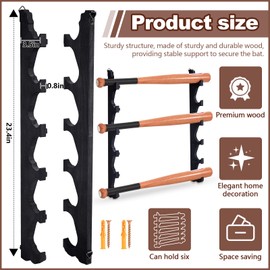 MorningRo 2 Pcs Baseball Bat Wall Mount Display Wood Bat Rack with 6 Holders Horizontal Baseball Bat Holder with Hidden Holes Screws Anchor for Hockey Stick Memorabilia Collectible Hanger (Black)