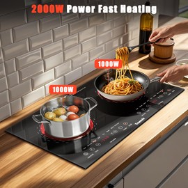 Traenvir 2 Burner Electric Cooktop, 24 Inch Countertop & Built-in Electric Stove 2000W, Portable Double Burner Ceramic Cooktop, Child Safety Lock, Timer, 8 Power Levels, 110V-120V Plug in