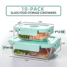 HAKEEMI 10 Pack Glass Meal Prep Containers, Airtight Glass Food Storage Containers with Lids, Glass Containers for Lunch Built in Air Vents, Dishwasher Safe, Mint Green