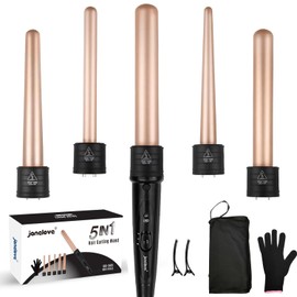 janelove 5 in 1 Wand Curling Iron Set, Ceramic Hair Curling Iron(0.35”-1.25”), Hair Curler for All Hairstyle, with Adjustable Temperature Dual Voltage, Instant Heat up, with Glove & 2 Clips(Gold)