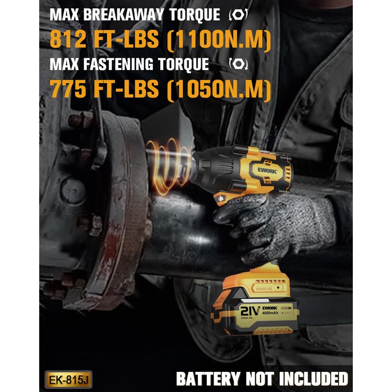 EWORK 21V 1/2" Cordless Impact Wrench 775 Ft-lbs, Brushless Compact