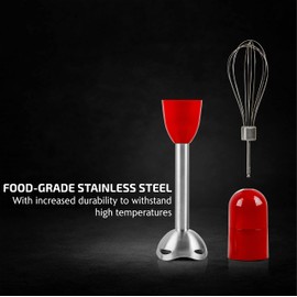OVENTE Immersion Electric Hand Blender 300 Watt Power 2 Mix Speed with Stainless Steel Blades, Handheld Stick Mixer Set with Egg Whisk Attachment Mixing Beaker and BPA-Free Food Chopper, Red HS565R