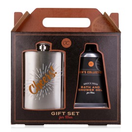 Accentra Men's Collection Gift Set for Men, Hip Flask Made of Stainless Steel and 60 ml Bath Gel and Shower Gel in a Gift Box Made of Kraft Paper, Brown - Black