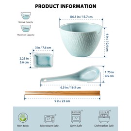Bonquicken Ramen Bowl Set 28 OZ, Ceramic Noodle Bowl with Chopsticks & Spoons & Dipping Dishes, Japanese Noodle Soup Bowls for Udon, Pasta, Pho, Dishwasher and Microwave Safe, Set of 2, Light Sky Blue