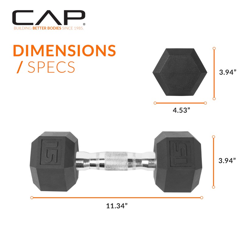 CAP Barbell 15 LB Rubber Coated Hex Dumbbell Hand Weight
