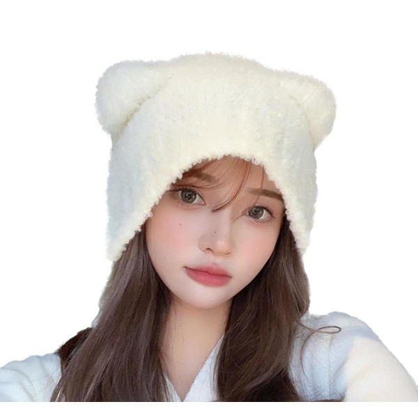 Electric Circus Women's Knit Hat with Ears, Loose, Fluffy, Knit Cap, Small Facial Effect, Knit Hat, Costume, white