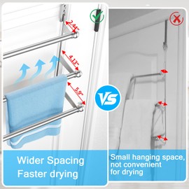 Over The Door Towel Rack,304 Stainless Steel Towel Rack with 2 Hooks, 3 Tier Towel Bar for Hanging Towels, Over Door Towel Storage Holder for Bathroom
