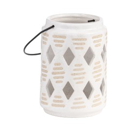 6" Ceramic Lantern - Contemporary Ivory and Beige Diamond Cut-Out Creative Decorative Lantern with Handle for Indoor or Outdoor Use
