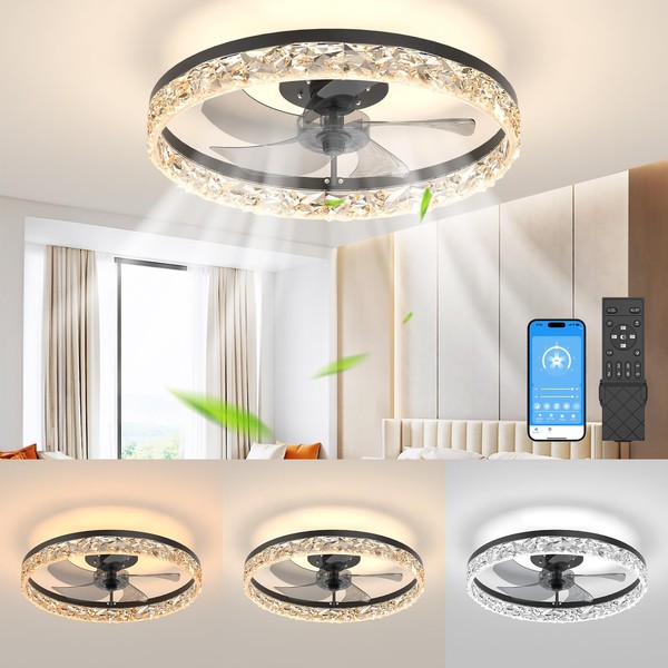 JOFIOS Ceiling Fans with Lights, 19.7in Black Flush Mount Fandelier