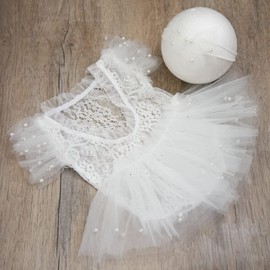 Newborn Photography Outfits Girl Lace Romper Newborn Photography Props Rompers Baby Skirt Photoshoot (White-Short Sleeve)