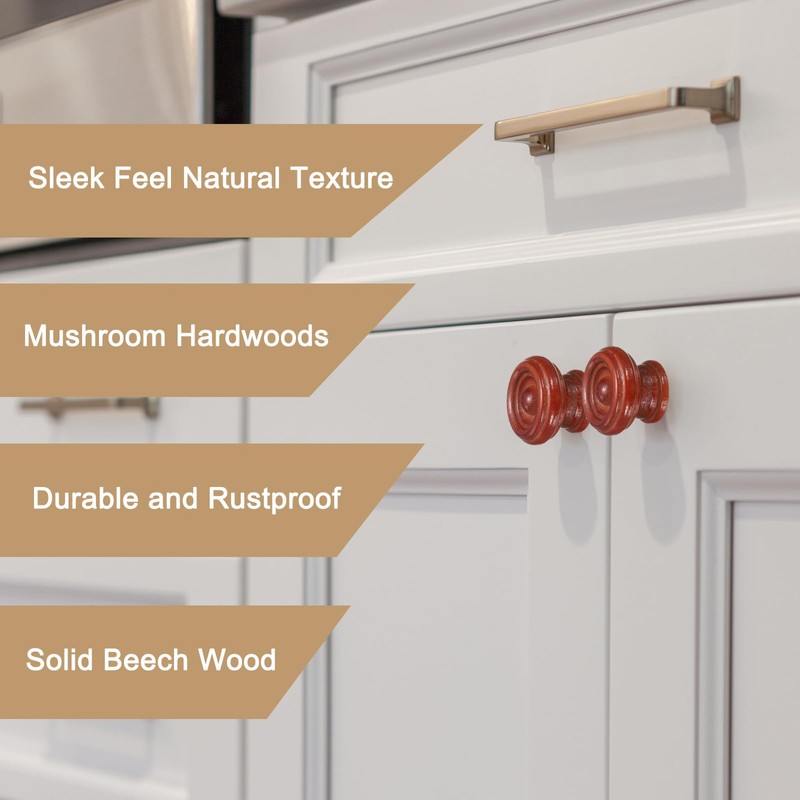 sourcing map 8pcs Round Wooden Knobs, 37mm/1.5" Mushroom Shape Kitchen