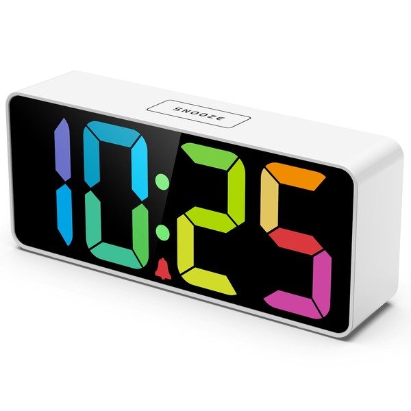 Welgo Rainbow Colored LED Digital Alarm Clock, 0-100% Dimmer, USB Charging Port, Large Number, Bold Digit, Snooze, Adjustable Volume, Easy Operation, Outlet Powered for Bedroom, Desk