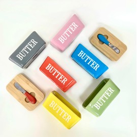 Domini Large Butter Dish,Ceramic Butter Dish with lid and knife, Butter Keeper Double Silicone Seals, Perfect for 2 Sticks of Butter,Gray