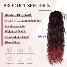 BHF HAIR Red Long Curly Ponytail Extension 26 Inch Drawstring Ponytail Black Clip in wavy Drawstring in Hair Extensions Synthetic long Ponytail for Women(Red Bug 6OZ)