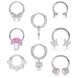 Drperfect 16G Stainless Steel Septum Nose Rings - Pink 8MM Septum Clicker & Horseshoe Rings for Women