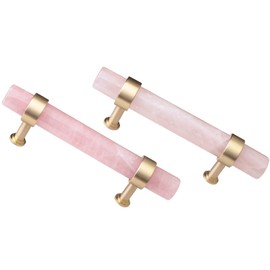 mookaitedecor Set of 2 Brushed Brass with Rose Quartz Crystal Drawer Knobs, Kitchen Cabinet Handles Pulls Door Knobs for Dresser Cupboard Hardware, 5.9 Inches
