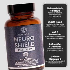 Neuro Shield Platinum | Nootrópico Hongo Melena de León Bacopa NAD CoQ10 Resveratrol L-Tirosina N-Acetil Carnitina Vitaminas B | Rendimiento Mental | 