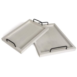 Besti Rustic Vintage Food Serving Trays (Set of 2) | Nesting Wooden Board with Handles | Stylish Farmhouse Decor Serving Platters | Large: 15 x2 x11” - Small: 13 x2 x9” inches (Rustic Off White)
