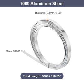 sourcing map Aluminum Metal Roll, 5000mm x 10mm x 0.8mm Thickness 1060 Aluminum Flashing Roll Sheet Strip for Industrial, Silver Tone