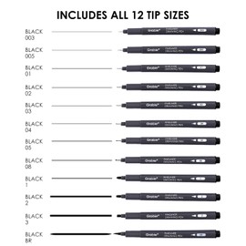 Grabie Fineliner Drawing Pen Set Of 12, Micron Pens for Journaling, Art Supplies with Ink for Long-Lasting Art Projects, Black