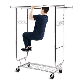 HOKEEPER Double Clothing Garment Rack with Shelves Capacity 600 lbs Clothing Racks on Wheels Rolling Clothes Rack for Hanging Clothes Heavy Duty Portable Collapsible Commercial Garment Rack Chrome