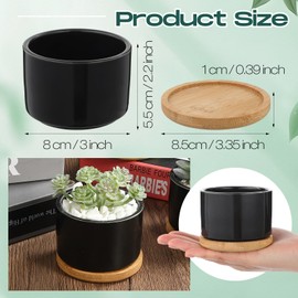 Cindeer 12 Sets Succulent Plant Pot Ceramic Succulent Pots Container Cactus Pots with Bamboo Tray Small Cylinder Flower Plant Pot with Bamboo Saucers for Plants Indoor Outdoor (Black,3 x 2.17 Inch)
