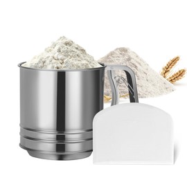 Zoeynex - Tamiz de harina de 5 tazas para hornear, tamiz de mano de acero inoxidable de gran capacidad con malla fina de doble capa, incluye raspador/cortador de masa para pan y pastelería (blanco)