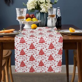 Christmas Table Runner 33cm x 2.75m Cut to Size 2 Designs (Red Christmas Trees or Golden Reindeer & Christmas Trees) Linen Look - Perfect as a Table Runner or Disposable Placemat