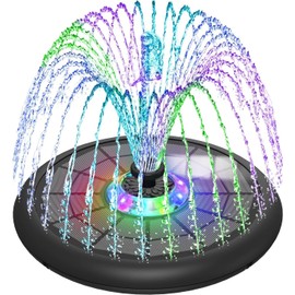 SZMP Powerful 5W Solar Powered Water Fountain for Bird Bath, Upgraded Glass Panel with Colorful Light Show, 7 Nozzles, Anti-Drift Fixer, 2000mAh Battery