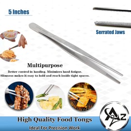 5 Inch Professional Culinary Stainless Steel Precision Tongs with Serrated Tips, Plating/Food Presentation Detailing Serving Tongs, Chef's Kitchen Tweezer Tongs - Ultra Non-Slip Grip
