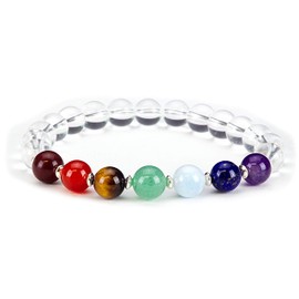 Cherry Tree Collection Chakra Stretch Bracelet | Genuine Natural 8mm Gemstones Beads, Silver Spacers | Men/Women (Clear Quartz - Small)